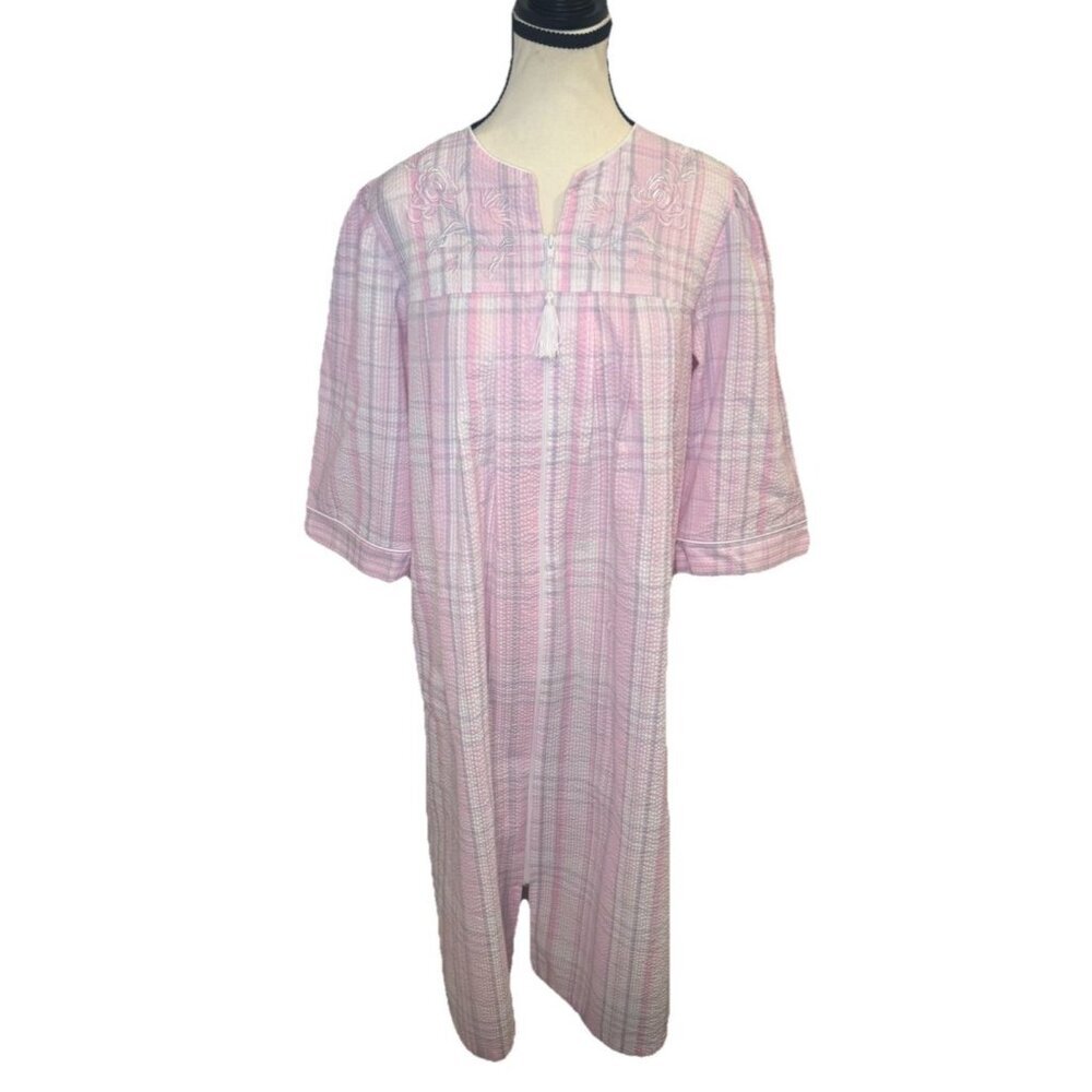 Miss Elaine Robe House Coat Pink Plaid Zip Front Seersucker Duster Sz Petite Med